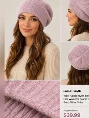 Sasso+Smyth Wool Alpaca Nylon Blend Pink Womens Beanie Cap Boho Glitter Shine